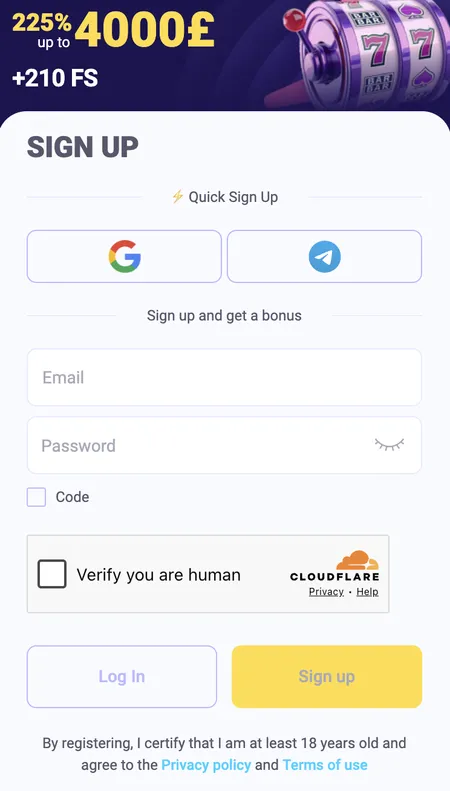 VibroBet sign up form screen