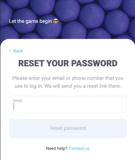 VibroBet password reset screen